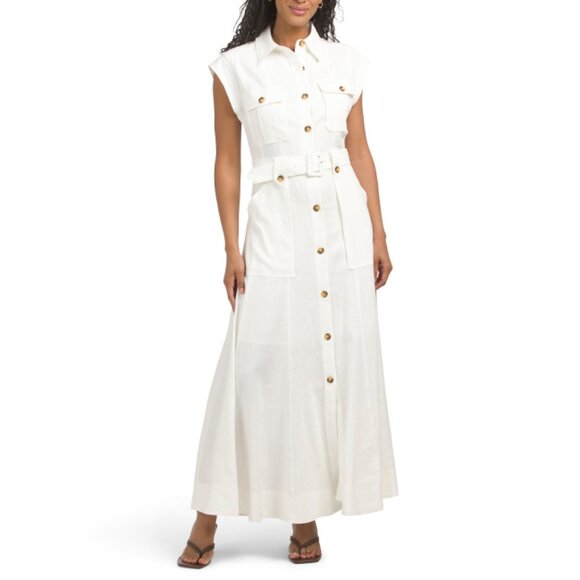 NICHOLAS cream Linen Blend Elisabeth Sleeveless Safari Midi Dress - Picture 1 of 2